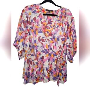 HARVE BENARD Floral Wrap Style Blouse Side Tie Gold Accents